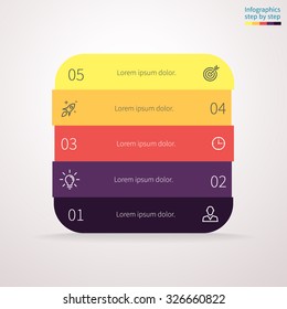 Infographics step by step in the form of a rounded square with colored sections. Abstract chart, graph, diagram with 5 steps, options, parts, processes. Vector template for presentation.