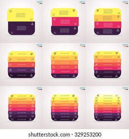 Infographics step by step in the form of a rounded square with colored sections. Charts, graphs with 2, 3, 4, 5, 6, 7, 8, 9, 10 steps, options, parts, processes. Vector templates for presentation.