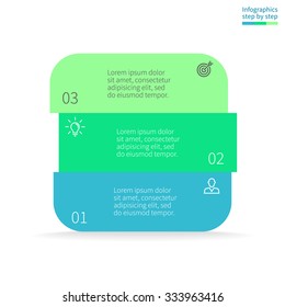 Infographics step by step in the form of rounded square, box with colored sections. Flat square chart with 3 steps. Design square element. Vector business template in blue and green for presentation.