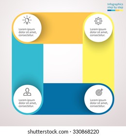 Infographics step by step in the form of a square. Chart, graph, diagram, figure with 4 steps, options, parts, processes. Vector business template in blue and yellow for presentation and training.