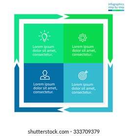 Infographics step by step in the form of square. Square chart, graph, diagram with 4 steps, options, parts, processes with arrows. Vector business template in blue and green for presentation.