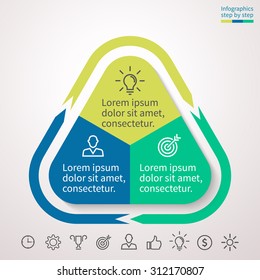 Infographics step by step in the form of a triangle with rounded edges and external arrows. Abstract chart, graph, diagram with 3 steps, options, parts, processes. Vector template for presentation.