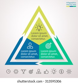 Infographics step by step in the form of a triangle with acute angles and external arrows. Abstract chart, graph, diagram with 3 steps, options, parts, processes. Vector template for presentation.