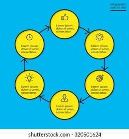 Infographics step by step in the linear style. Element of chart, graph, diagram with 6 steps, options, parts, processes. Vector business template for presentation and training.