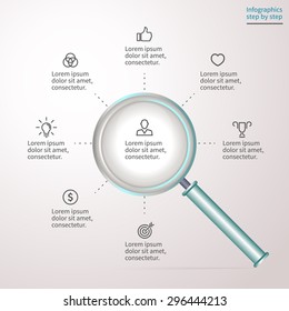 Infographics step by step with magnifying glass. Analysis of the central element with 7 steps, options, parts, processes. Vector template for presentation and training.