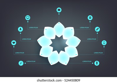 Infographics step by step with neon shiny petals. Diagram, chart with 9 steps, options, parts, processes with icons. Vector business modern template for presentation. Dark background.