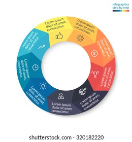 Infographics step by step. Pie chart, graph, diagram with 9 steps, options, parts, processes with arrows. Vector business template for presentation and training.