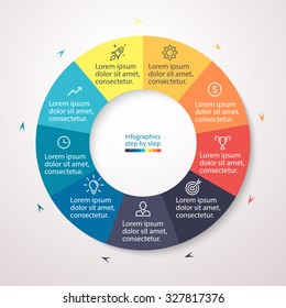 Infographics step by step. Pie chart, graph, diagram with 9 steps, options, parts, processes with small arrows. Vector business template for presentation and training.