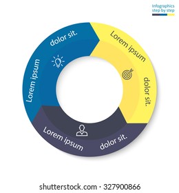Infographics step by step. Pie chart, graph, diagram with 3 steps, options, parts, processes with arrows. Vector business template for presentation and training.