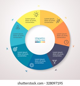 Infographics step by step. Pie chart, graph, diagram with 7 steps, options, parts, processes with small arrows. Vector business template for presentation and training.