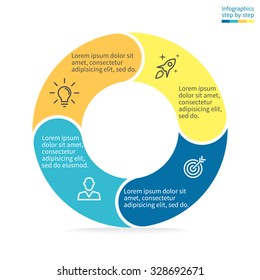 Infographics step by step. Pie chart, graph, diagram with 4 steps, options, parts, processes with rounded cuts on the edges. Vector business template in blue and yellow for presentation and training.