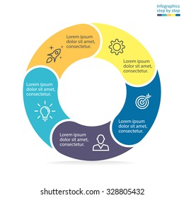 Infographics step by step. Pie chart, graph, diagram with 5 steps, options, parts, processes with rounded cuts on the edges. Vector business template in blue and yellow for presentation and training.