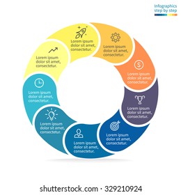 Infographics step by step. Pie chart, graph, diagram with 9 steps, options, parts, processes with rounded cuts on the edges. Vector business template in blue and yellow for presentation and training.