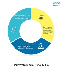 Infographics step by step. Pie chart, graph, diagram with 3 steps, options, parts, processes with straight cuts on the edges. Vector business template in blue and yellow for presentation.