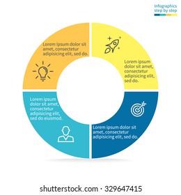 Infographics step by step. Pie chart, graph, diagram with 4 steps, options, parts, processes with straight cuts on the edges. Vector business template in blue and yellow for presentation.