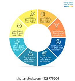 Infographics step by step. Pie chart, graph, diagram with 8 steps, options, parts, processes with straight cuts on the edges. Vector business template in blue and yellow for presentation.