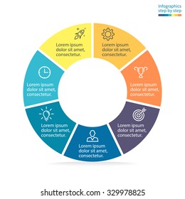 Infographics step by step. Pie chart, graph, diagram with 7 steps, options, parts, processes with straight cuts on the edges. Vector business template in blue and yellow for presentation.