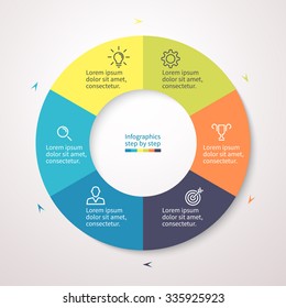 Infographics step by step. Pie chart, graph, diagram with 6 steps, options, parts, processes with small arrows. Vector business template for presentation and training.