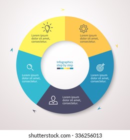 Infographics step by step. Pie chart, graph, diagram with 5 options, parts, processes with small arrows. Vector business template for presentation and training.