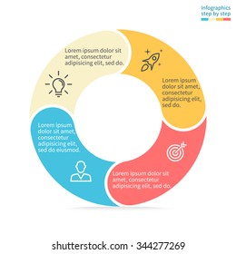 Infographics Step By Step. Pie Chart, Graph, Diagram With 4 Steps, Options, Parts, Processes With Rounded Sections. Vector Business Template In Red And Cream For Presentation And Training.