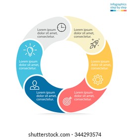 Infographics step by step. Pie chart, graph, diagram with 6 steps, options, parts, processes with rounded sections. Vector business template in orange, blue and cream for presentation and training.