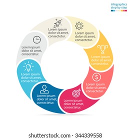 Infographics step by step. Pie chart, graph, diagram with 8 steps, options, parts, processes with rounded sections. Vector business template in orange, blue and cream for presentation and training.
