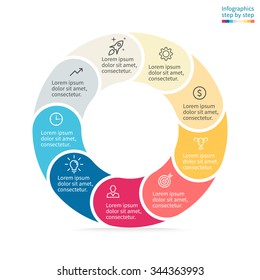 Infographics step by step. Pie chart, graph, diagram with 9 steps, options, parts, processes with rounded sections. Vector business template in orange, blue and cream for presentation and training.