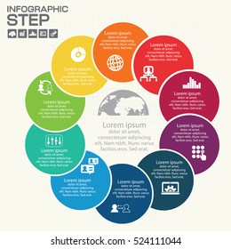 Infographics Step By Step. Pie Chart, Graph, Diagram With 10 Steps, Options, Parts, Processes With Small Arrows. Vector Business Template For Presentation And Training.