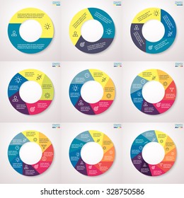 Infographics step by step. Pie charts, graphs, diagrams with 2, 3, 4, 5, 6, 7, 8, 9, 10 steps, options, parts, processes with twisted form. Vector business templates for presentation and training.