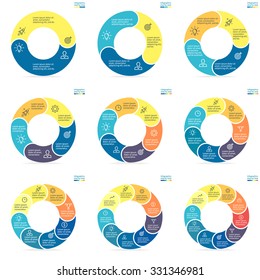 Infographics step by step. Pie charts, graphs with 2, 3, 4, 5, 6, 7, 8, 9, 10 steps, options, parts, processes with rounded section. Vector business templates in blue and yellow for presentation.