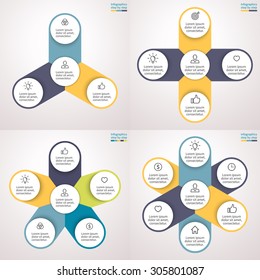 Infographics step by step with a radial structure and a central element. Charts, graphs, diagrams with 3, 4, 5, 6 options, parts, processes. Vector templates for presentation and training.