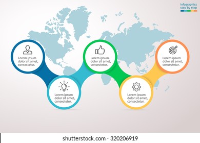 Infographics step by step in a series of circles on a map background. Element of chart, graph, diagram with 5 steps, options, parts, processes. Vector business template for presentation.