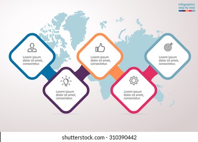 Infographics step by step in a series of rounded squares on a map background. Element of chart, graph, diagram with 5 options, parts, processes. Vector business template for presentation.
