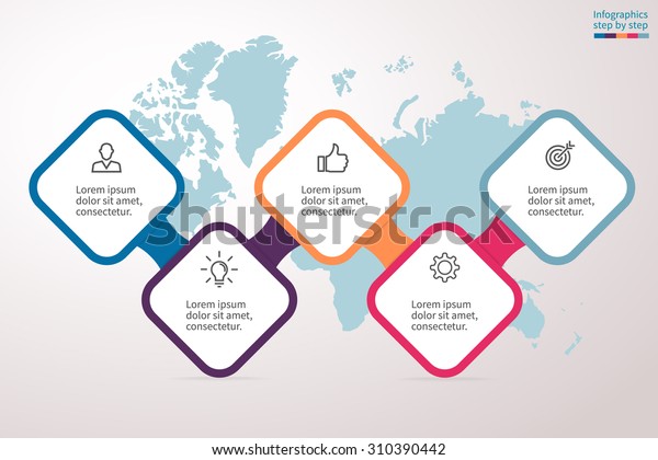Infographics\
step by step in a series of rounded squares on a map background.\
Element of chart, graph, diagram with 5 options, parts, processes.\
Vector business template for\
presentation.