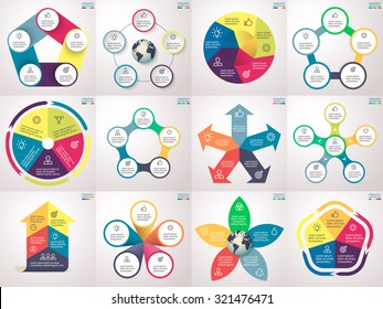 Infographics step by step. Set 3. Charts, graphs, diagrams with 5 options, parts, processes, directions. Vector business templates for presentation and training.