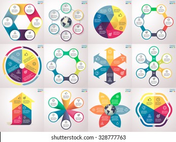 Infographics step by step. Set 3. Charts, graphs, diagrams with 6 steps, options, parts, processes, directions. Vector business templates for presentation and training.