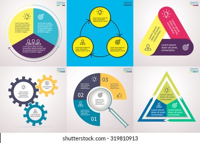 Infographics step by step. Set 4. Charts, graphs, diagrams with 3 steps, options, parts, processes, directions. Vector business templates for presentation and training.