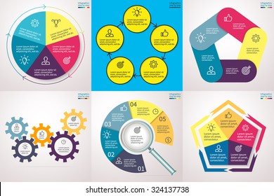 Infographics step by step. Set 4. Charts, graphs, diagrams with 5 steps, options, parts, processes, directions. Vector business templates for presentation and training.