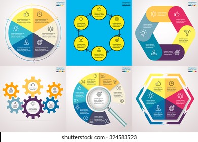 Infographics step by step. Set 4. Charts, graphs, diagrams with 6 steps, options, parts, processes, directions. Vector business templates for presentation and training.
