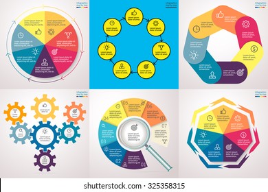 Infographics step by step. Set 4. Charts, graphs, diagrams with 7 steps, options, parts, processes, directions. Vector business templates for presentation and training.