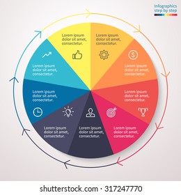 Infographics step by step. Standard pie chart, graph, diagram with 9 steps, options, parts, processes with arrows. Vector business template for presentation and training.