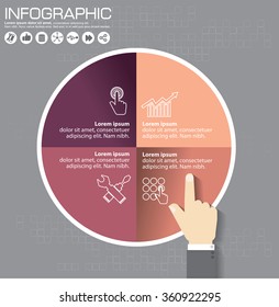 Infographics step by step. Standard pie chart, graph, diagram with 4 steps, options, parts, processes with arrows. Vector business template for presentation and training.