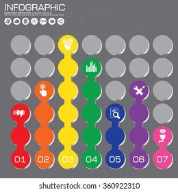 Infographics step by step. Standard pie chart, graph, diagram with 7 steps, options, parts, processes with arrows. Vector business template for presentation and training.