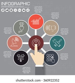 Infographics step by step. Standard pie chart, graph, diagram with 7 steps, options, parts, processes with arrows. Vector business template for presentation and training.