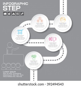 Infographics step by step. Standard pie chart, graph, options, parts, processes with arrows. Vector business template for presentation and training.
