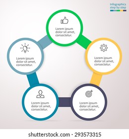 Infografía paso a paso. Elemento abstracto simétrico del gráfico, gráfico, diagrama con 5 pasos, opciones, partes, procesos conectados a través del hueso. Plantilla de negocio de vectores para presentación y formación.