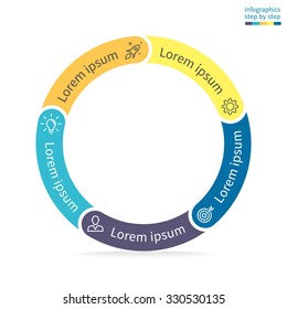 Infographics step by step. Thin pie chart, graph, diagram with 5 steps, options, parts, processes with rounded section. Vector business template in blue and yellow for presentation and training.