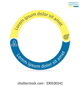 Infographics step by step. Thin pie chart, graph, diagram with 2 steps, options, parts, processes with rounded section. Vector business template in blue and yellow for presentation and training.