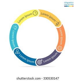 Infographics step by step. Thin pie chart, graph, diagram with 6 steps, options, parts, processes with rounded section. Vector business template in blue and yellow for presentation and training.
