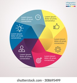 Infographics step by step. Twisted pie chart, graph, diagram with 6 steps, options, parts, processes. Vector business template for presentation and training.